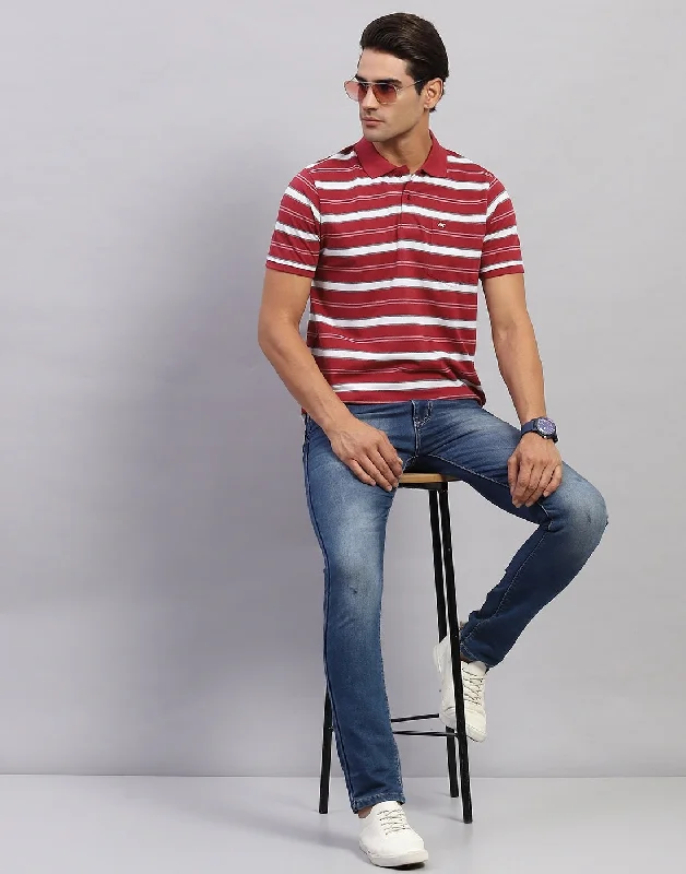 Upgrade your wardrobe with stylish clothing at discounted prices.  Men Maroon Stripe Polo Collar Half Sleeve T-Shirt