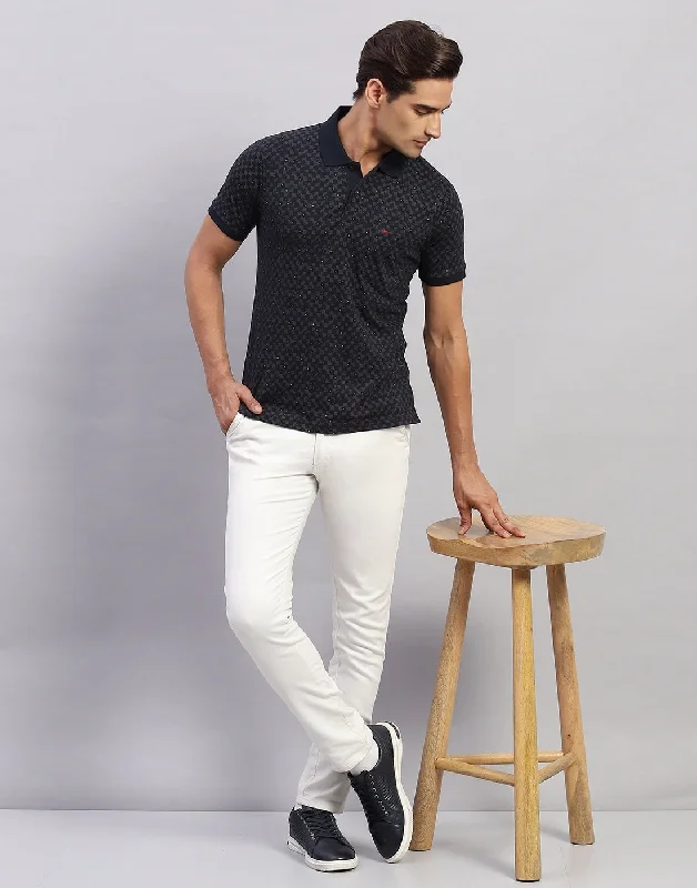 Buy more, save more –  Men Navy Blue Printed Polo Collar Half Sleeve T-Shirt