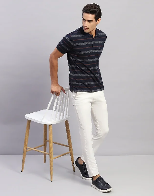Shop now and enjoy massive savings on stylish clothing for all seasons.  Men Navy Blue Stripe Polo Collar Half Sleeve T-Shirt