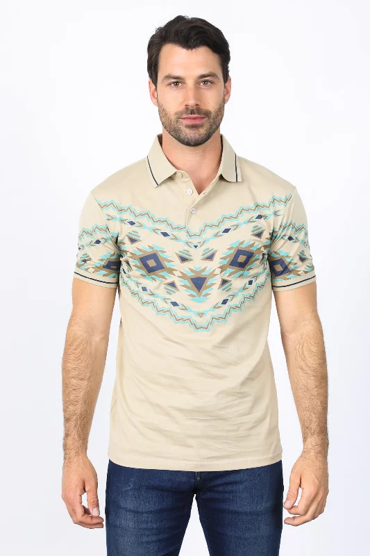 Get stylish outfits for every occasion – Shop now and save!  Men's Beige Aztec Panoramic Print Polo