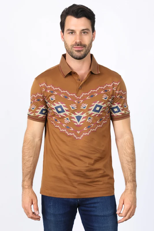 Upgrade your wardrobe with stylish clothing at discounted prices. Men's Camel Aztec Panoramic Print Polo Upgrade your wardrobe with stylish clothing at discounted prices. Men's Camel Aztec Panoramic Print Polo
