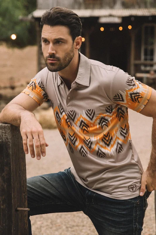 Massive markdowns on clothing items you love – Hurry before they’re gone!  Men's Performance Fabric Aztec Panoramic Print Khaki Polo