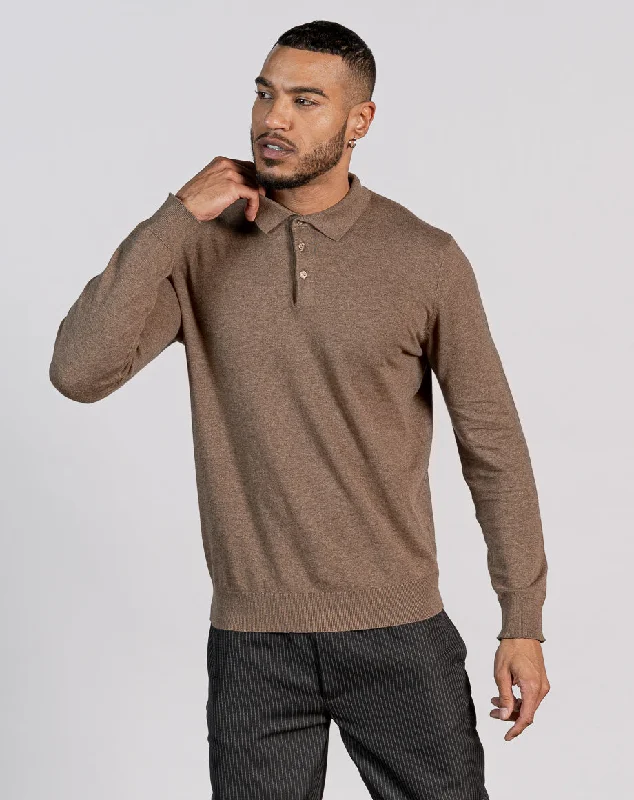 Seasonal discounts on stylish clothes – Perfect for any occasion!  ESSENTIAL LONG SLEEVE KNITTED POLO TOP - BROWN