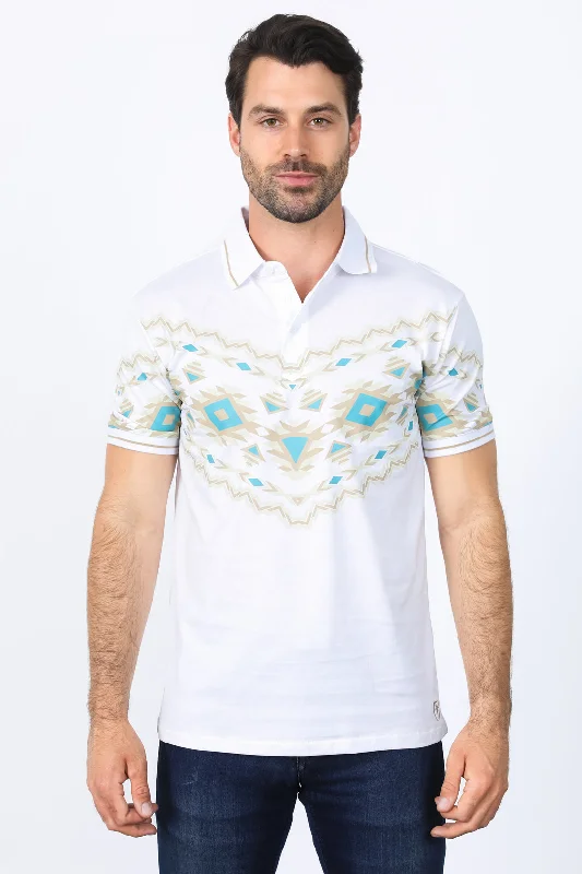 Look sharp without breaking the bank – men’s clothing sale now!  Men's White Aztec Panoramic Print Polo