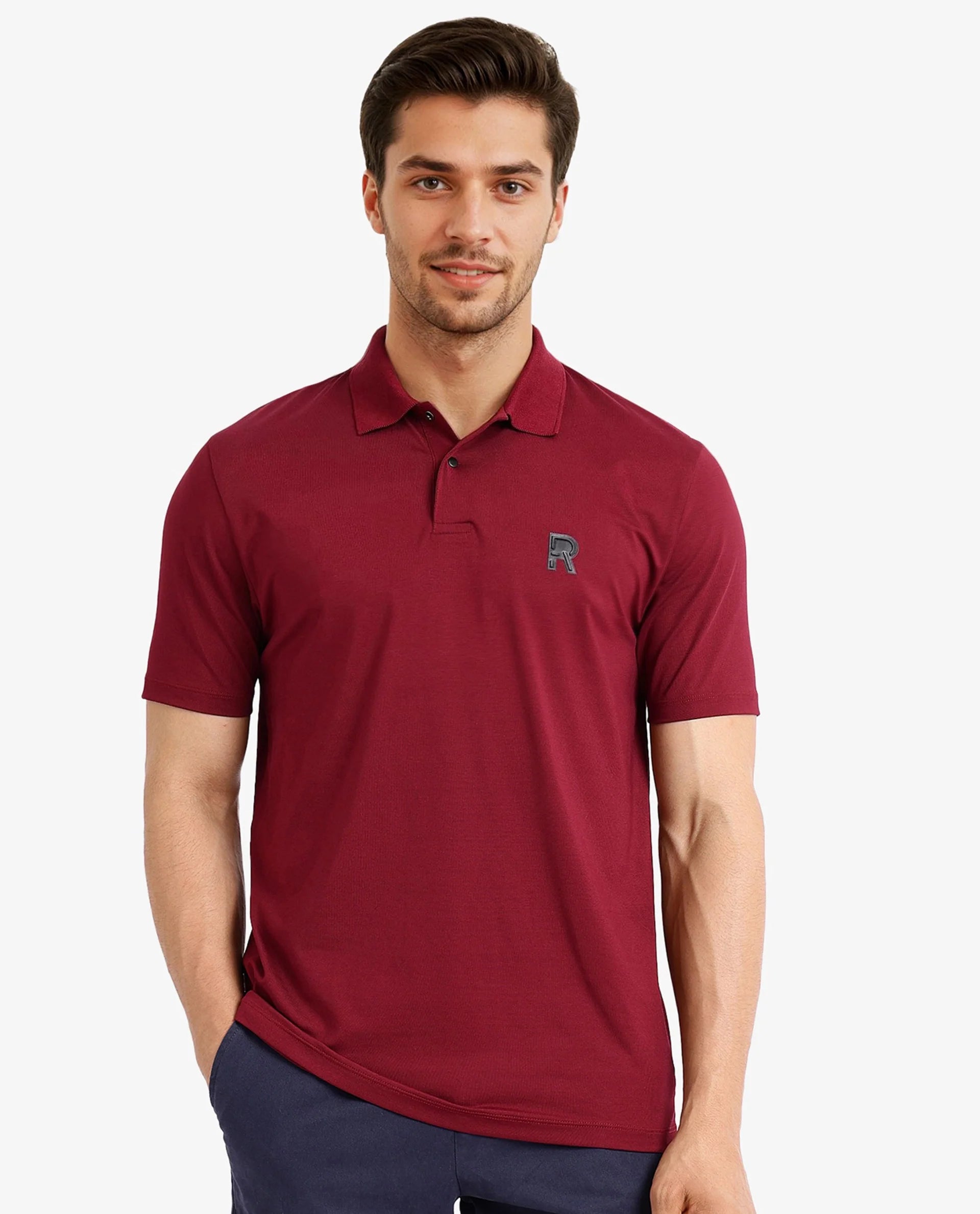 Look your best with exclusive savings on men’s fashion.  Rare Rabbit Men Merko Maroon Cotton Blend Fabric Short Sleeve Collared Neck Snap Button Closure Leather Badge Detail Plain Polo T-Shirt