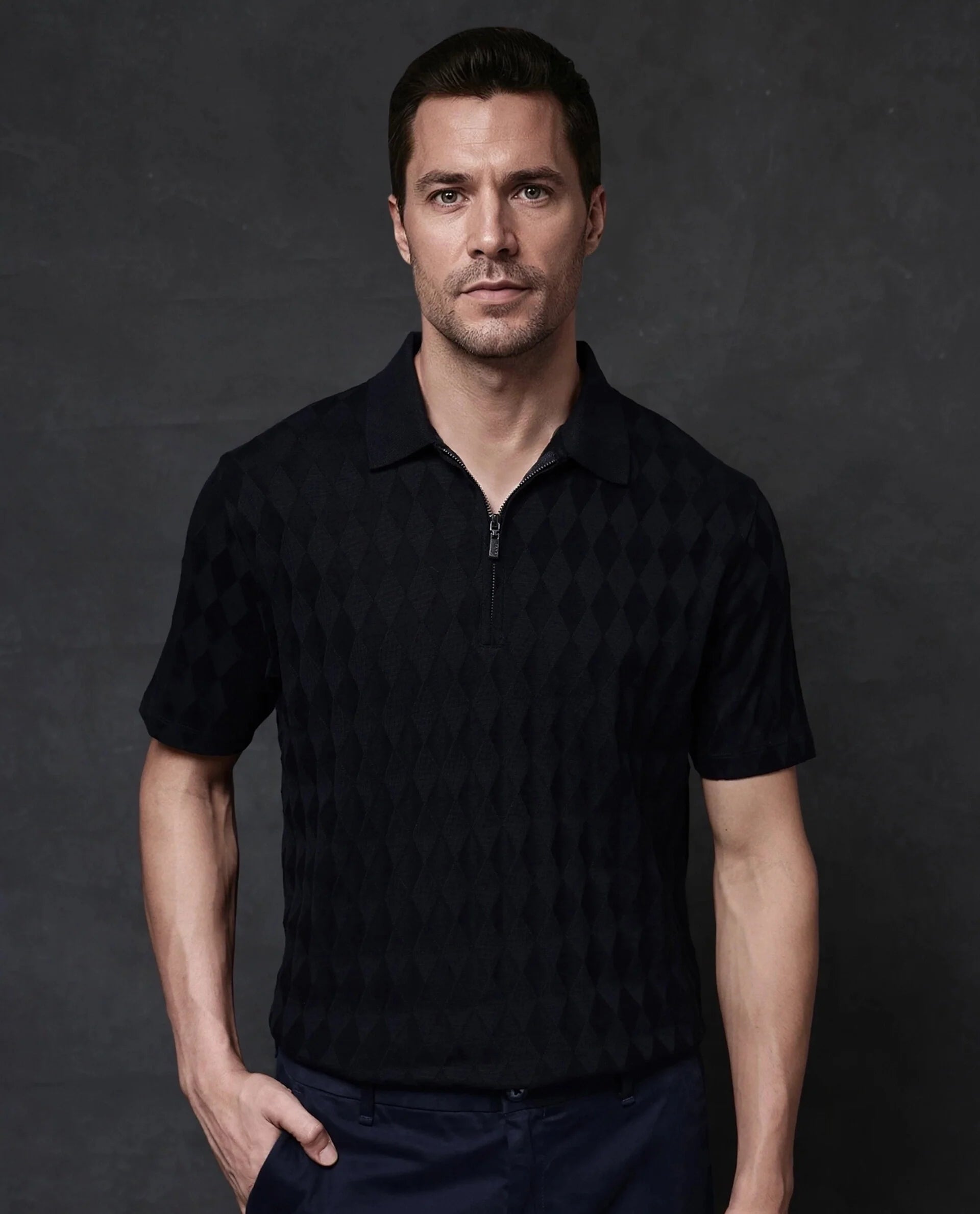 Shop clothing essentials at a fraction of the price – Rare Rabbit Men Mon Navy Short Sleeve Regular Collar Zipper Closure Jacquard Polo Shop clothing essentials at a fraction of the price – Rare Rabbit Men Mon Navy Short Sleeve Regular Collar Zipper Closure Jacquard Polo