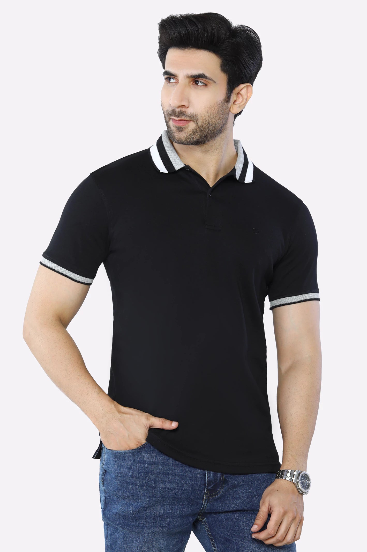 Shop the best clothing brands at amazing prices –   Black Jacquard Collar Polo
