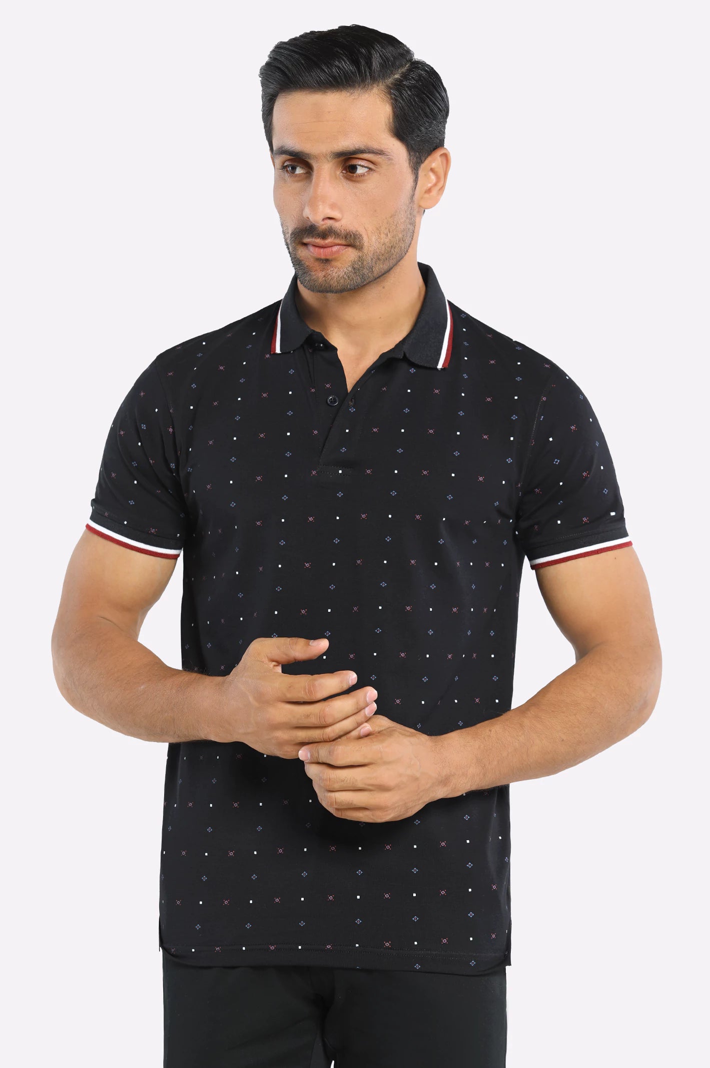 Shop the best clothing sales of the year!  Black All Over Printed Polo