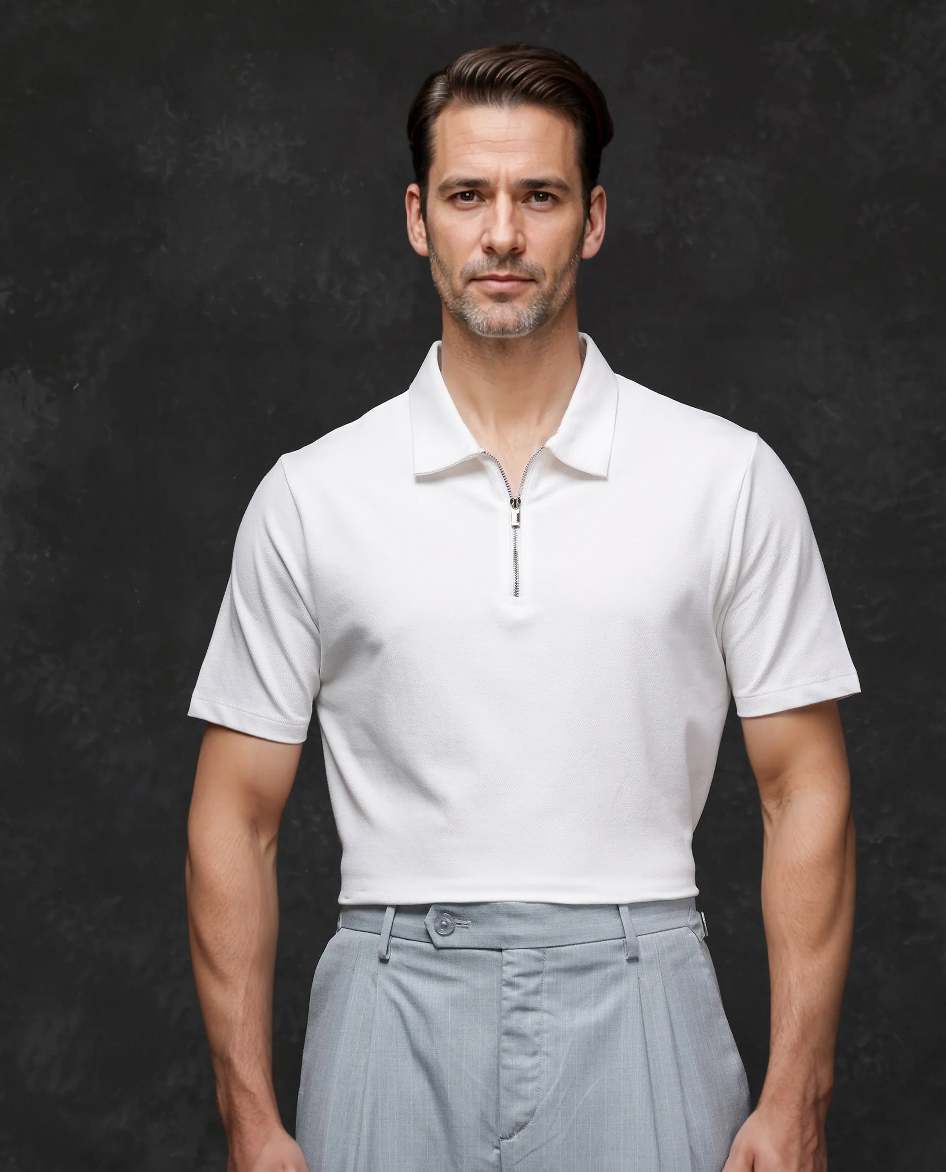 Shop stylish clothing for less – Great deals this week only.  Rare Rabbit Men's Prin-2 White Cotton Lycra Fabric Short Sleeve Collared Neck Zipper Closure Plain Polo