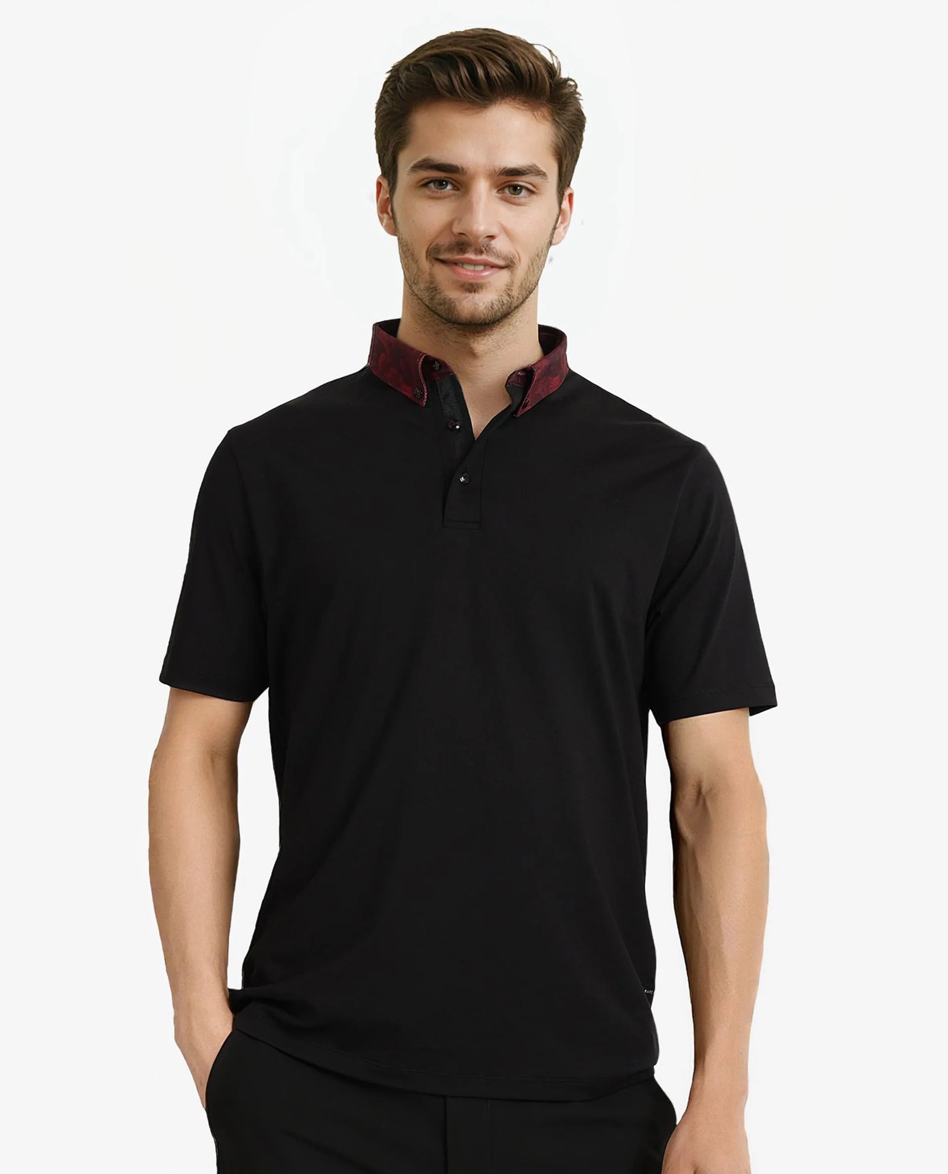 Shop trendy clothing at amazing prices – exclusive deals!  Rare Rabbit Men Ringer-2 Black Cotton Fabric Printed Collar Half Sleeves Polo T-Shirt