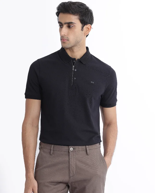 Shop stylish, comfortable men’s clothing at discounted prices.  Rare Rabbit Men Salis-2 Black Cotton Fabric Collared Neck Zipper And Snap Button Closure Half Sleeves Polo T-Shirt