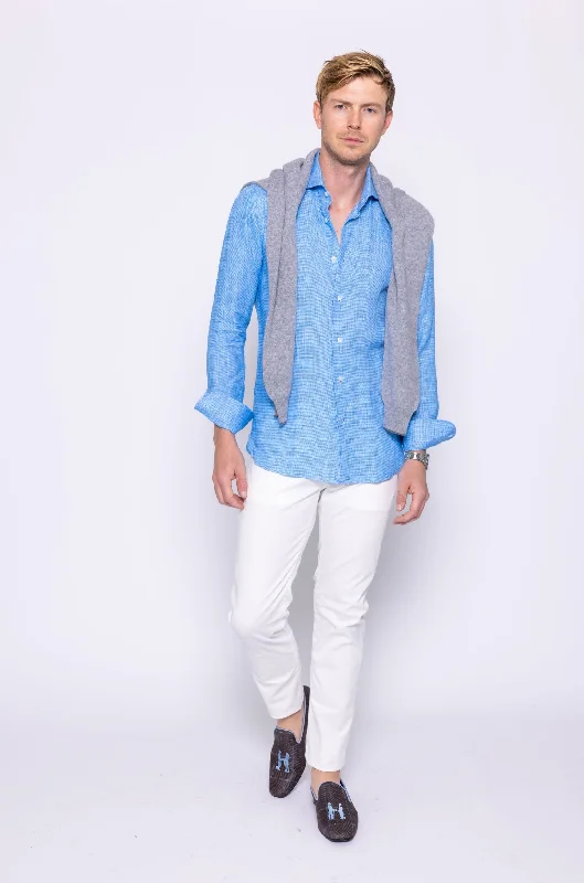 Shop affordable clothing for all occasions –  Aqua Houndstooth Linen Shirt
