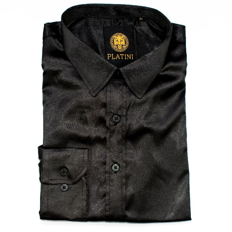 Exclusive online offer: Save 30% on all men's clothing. Black Satin Slim-Fit Dress Shirt Exclusive online offer: Save 30% on all men's clothing. Black Satin Slim-Fit Dress Shirt