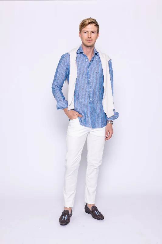 – Shop trendy clothing now.  Navy/Aqua Bold Stripe Linen Shirt