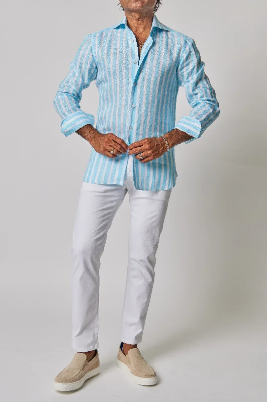 Big discounts – don’t miss out!  Striped Linen Button Down in Aqua