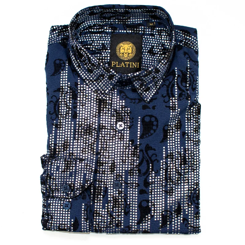 Shop affordable clothing for all occasions – Navy And Silver Matrix Slim-Fit Dress Shirt Shop affordable clothing for all occasions – Navy And Silver Matrix Slim-Fit Dress Shirt