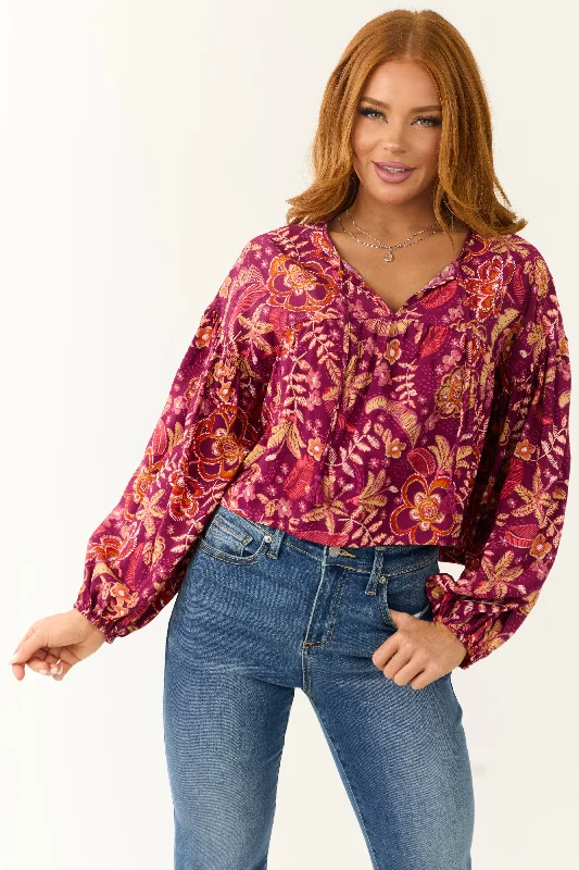 Berry Floral Print Long Sleeve Front Tie Top