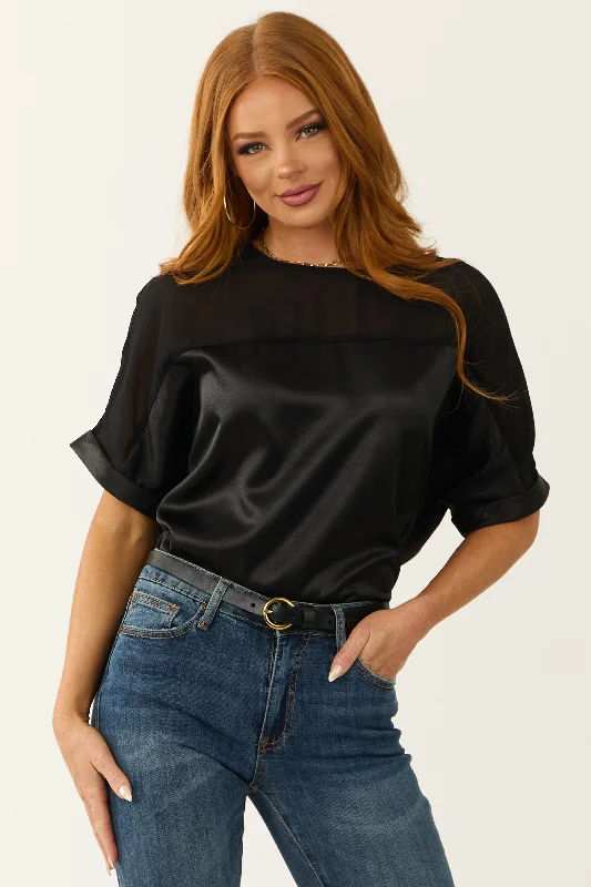 Black Contrast Yoke Cuffed Sleeve Satin Blouse