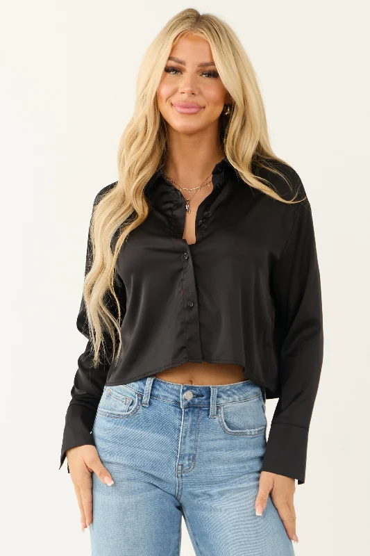 Black Satin Long Sleeve Button Down Top