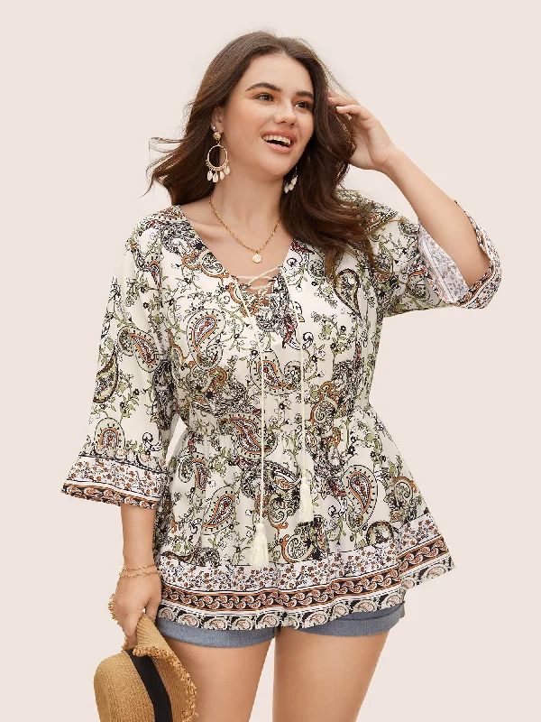 Boho Print Tie Knot Tassels Crisscross Blouse