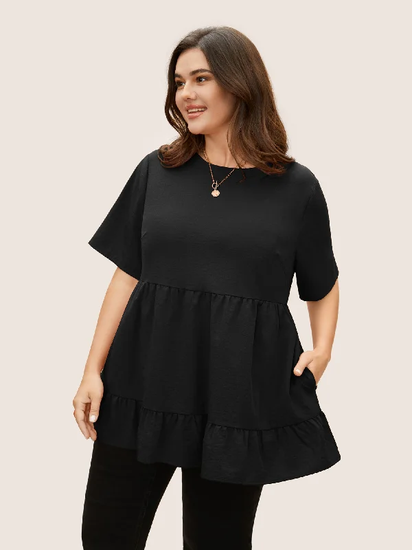 Solid Crew Neck Ruffle Hem Blouse