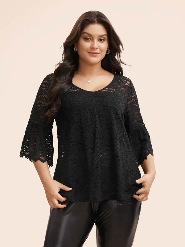 Stretch Lace Mesh Ruffle Trim Blouse