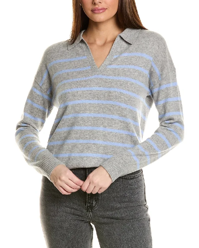 Chic for every occasion and style Amicale Cashmere Striped V-Neck Johnny Collar Cashmere Sweater Chic for every occasion and style Amicale Cashmere Striped V-Neck Johnny Collar Cashmere Sweater