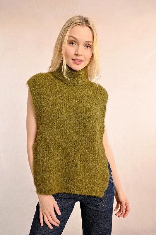 Feminine and fashionable clothing for every wardrobe Molly Bracken Sleeveless Openwork Turtle Neck Khaki Sweater Feminine and fashionable clothing for every wardrobe Molly Bracken Sleeveless Openwork Turtle Neck Khaki Sweater