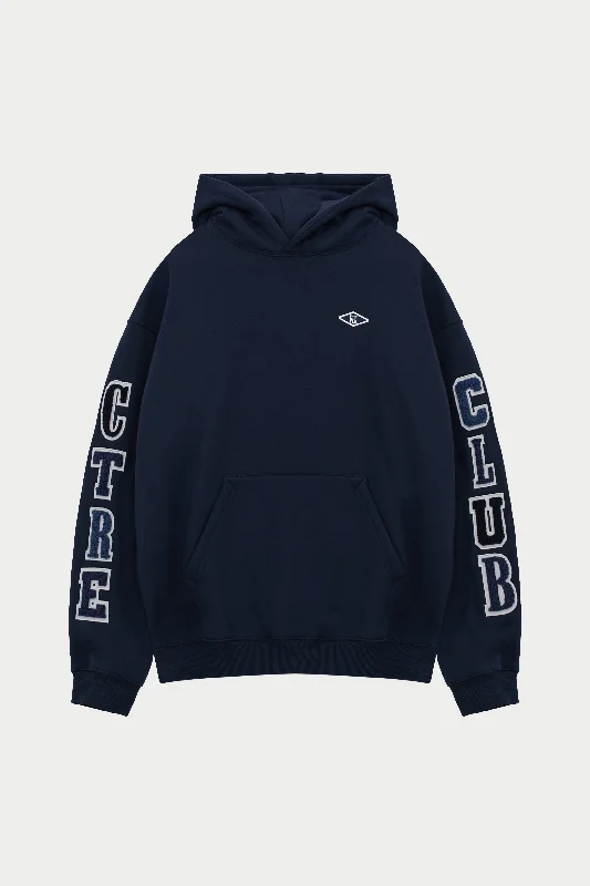 Shop the latest seasonal clothing sale – Big savings on stylish outfits.  MULTIBADGE CHENILLE RELAXED HOODIE - NAVY