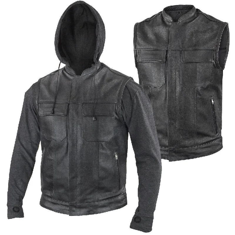 Shop now for fresh styles at discounted prices.  Xelement BXU1006 Men's 'Jax' Black Leather Motorcycle Hoodie Jacket with Convertible Vest