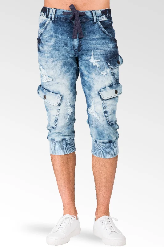 Best clothing deals . – Save up to 70% on trendy styles.  Cargo Pocket Premium Knit Denim Jogger Capri Shorts Distressed Cloud Bleach 18" Inseam