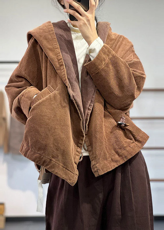 Plus Size Coffee Hooded Oversized Pockets Corduroy Coat Spring