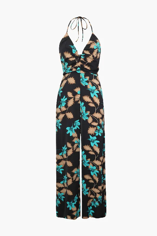 Floral Print Halter V-Neck Jumpsuit